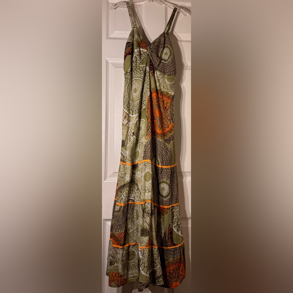 Olive Green Maxi Sundress with Orange Print